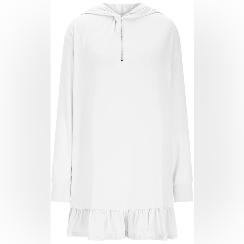 White Long Sleeve Hooded Mini Dress/Cover Up w/ Front Zipper & Ruffle Trim Small - Picture 4 of 7